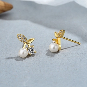 925 silver cherry pearl earrings with gold leaf and sparkling zircon for women