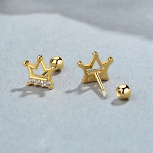 Elegant 925 silver crown stud earrings with gold finish and zircon stones for women