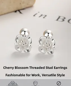 Macro shot of S925 sterling silver cherry blossom stud earrings with screw back closure