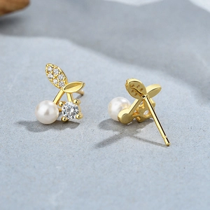 Elegant 925 silver cherry earrings with lustrous white pearls and sparkling zircons
