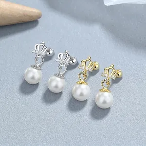 Crown Artificial Pearl Stud Earrings 925 Sterling Silver Post Zircon Inlaid Screw Back Elegant Fashion Jewelry For Women