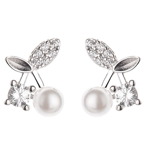 925 silver cherry stud earrings with round pearls and sparkling cubic zirconia stones