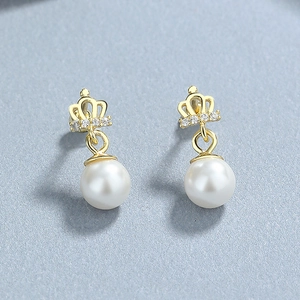 Elegant 925 sterling silver crown pearl earrings with sparkling stones on blue background