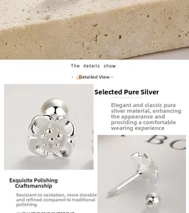 Macro detail of S925 sterling silver cherry blossom stud earrings with screw backs