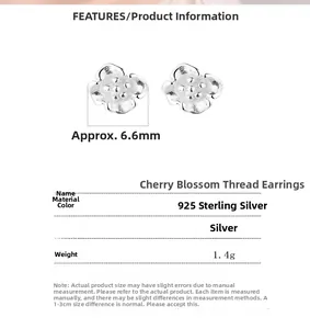 Detailed view of 925 sterling silver cherry blossom stud earrings with 6.6mm diameter