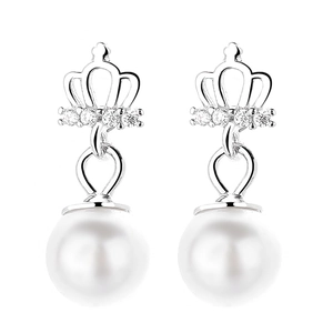 Elegant 925 sterling silver crown pearl drop earrings with sparkling cubic zirconia