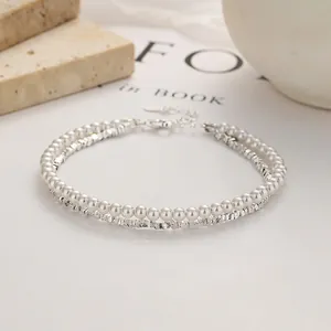 Vintage 925 Sterling Silver Artificial Pearl Bracelet For Women Double Layer Design Faceted Beads Adjustable Fashion Jewelry Gift