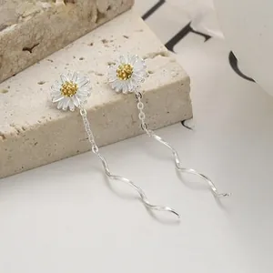 Détail de boucles d'oreilles marguerites en argent 925 avec pampilles sur pierre