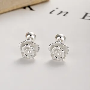 Elegant 925 sterling silver rose flower stud earrings with matte finish petals and screw backs