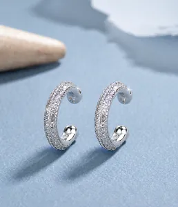 Vista macro di orecchini in argento sterling 925 con zirconi cubici micro-pavimentati