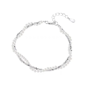 Double-layer S925 sterling silver pearl bracelet with vintage textured chain and water-drop tag