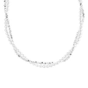 Double-layered 925 sterling silver necklace with white pearls and faceted silver beads