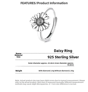 Detailed view of 925 sterling silver daisy ring with precise dimensions and weight specs
