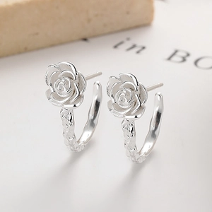 925 silver rose flower hoop earrings with natural texture and elegant metallic finish