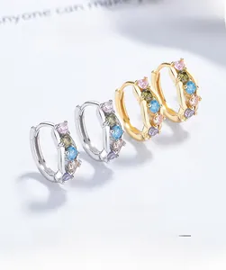 Detailed view of S925 silver hoop earrings featuring multi-color zircon stones and claw setting