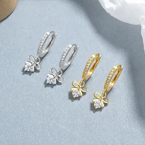 Pendientes de aro con lazo de plata 925 con circonitas y colgantes de cristal cuadrados