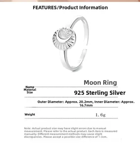 Macro shot showing S925 hallmark and detailed dimensions of moon silver ring