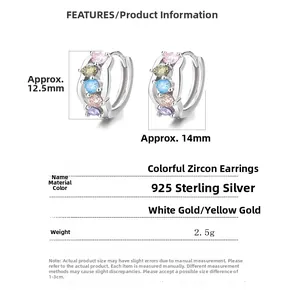 Detailed size chart of 925 sterling silver earrings with colorful zircon dimensions