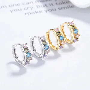 925 Sterling Silver Multi Color Rhinestone Hoop Earrings For Women Geometric Contrast Color Elegant Fashion Jewelry Gift