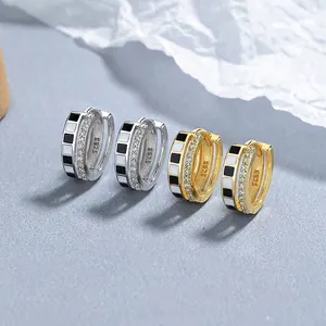Boucles d'Oreilles Créoles en Argent Sterling 925 Émail Damer Strass pour Femme Minimaliste Géométrique Pavé Bijoux Accessoires