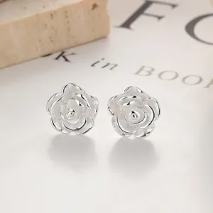 Elegant 925 sterling silver rose flower stud earrings with detailed layered petals