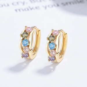 925 silver gold hoop earrings with multi-colored gemstones and wavy edge design