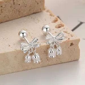 Boucles d'Oreilles Clous Nœud Muguet en Argent Sterling 925 Mode Douce Boucles d'Oreilles avec Fermoir à Vis Femme Bijoux Argent