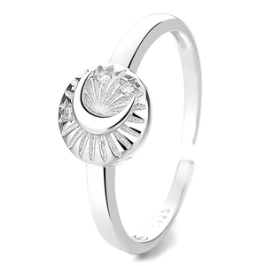 Minimalist S925 sterling silver open ring with celestial moon and star design elements