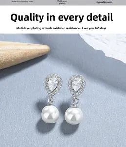 Detailed view of S925 sterling silver teardrop pearl earrings with pavé diamond accents