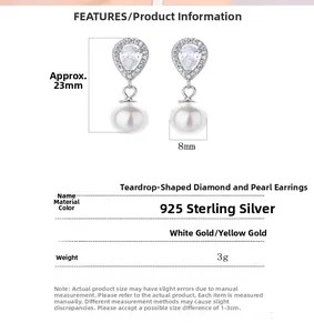 Detail of 925 silver teardrop earrings with pave zircons and 8mm round white pearls