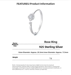 Detailed specs of the 925 silver rose ring showing 17.3mm inner and 20.3mm outer diameter