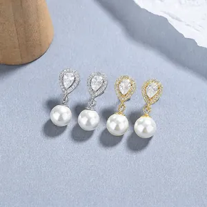 Waterdrop Artificial Pearl Dangle Stud Earrings With 925 Sterling Silver Earring Post Elegant Zircon Inlaid Jewelry For Women