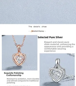 Dettaglio della collana cuore in argento 925 con zircone danzante in oro rosa e argento