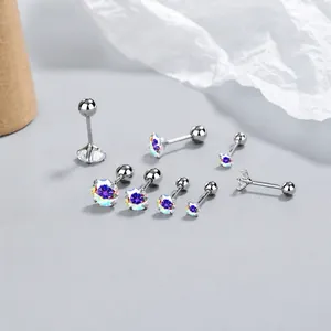 Set of seven 925 sterling silver screw-back stud earrings with colorful cubic zirconia stones