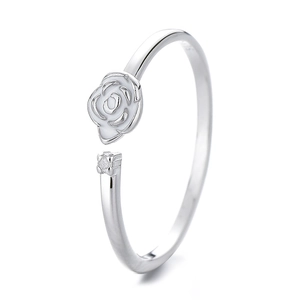 Adjustable S925 silver ring featuring a white rose and shimmering cubic zirconia stone