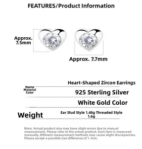 Detail view of heart-shaped 925 sterling silver earring with dimensions 7.5x7.7mm