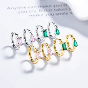 Set orecchini in argento 925 con zirconi rettangolari e a goccia rosa e verde scuro