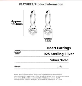 Detailed dimensions of 925 sterling silver heart hoop earrings with size annotations