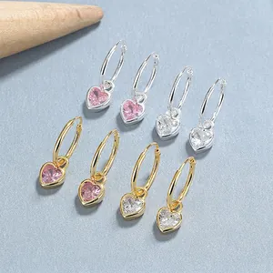925 Sterling Silver Heart Rhinestone Hoop Earrings For Women Romantic Heart Shaped Sparkly Drop Earrings Fashion Jewelry Gift