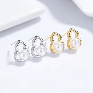 Elegant Gourd Shape Artificial Pearl Stud Earrings With 925 Sterling Silver Earring Post Hollow Hulu Jewelry For Women Girls Gift
