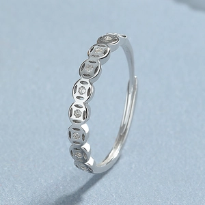 Adjustable 925 silver ring featuring Chinese coin motifs with sparkling white zircons