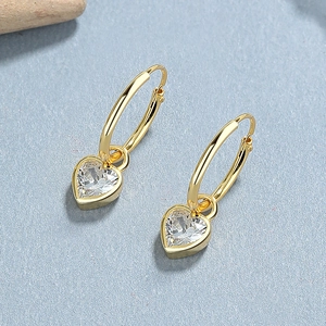 Minimalist 925 sterling silver gold hoop earrings with sparkling heart-shaped zircon pendants