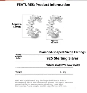 Vue technique détaillée des dimensions du clip d'oreille losange en argent 925