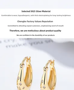 Vue macro détaillée de créoles en argent sterling S925 doré avec clous en zircon étoile