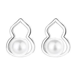 Minimalist 925 sterling silver gourd stud earrings with white pearl inlay on white background