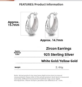 Détails et dimensions des créoles en argent sterling 925 avec zircon de style minimaliste