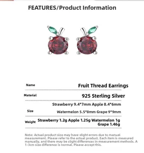 Detailed size and weight chart for 925 sterling silver fruit stud earrings including apple