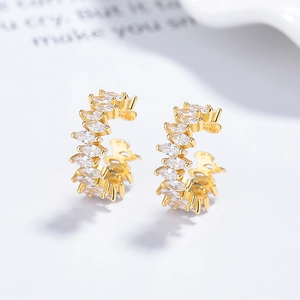 Boucles d'oreilles C en argent 925 plaqué or avec zircon blanc taillé en marquise