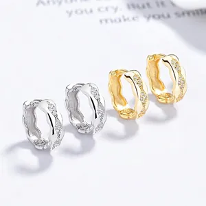 925 Sterling Silver Pave Rhinestone Hoop Earrings For Women Wave Design Gold Silver Plated Fashion Geometric Jewelry