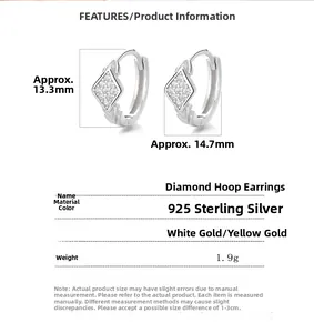 Detailed size chart of 925 sterling silver diamond-studded geometric hoop earrings